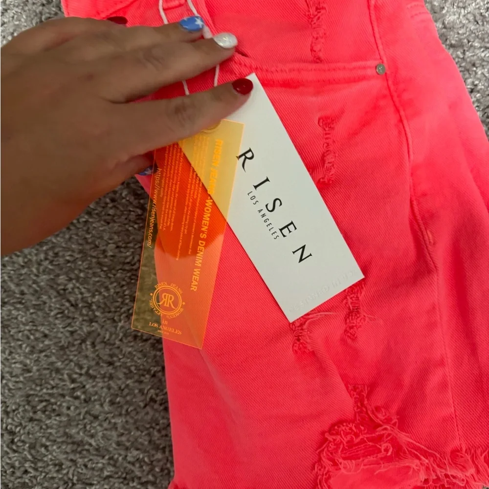 TEAGAN HIGH-RISE DISTRESSED DENIM SHORTS (NEON CORAL) - Picture 4 of 5